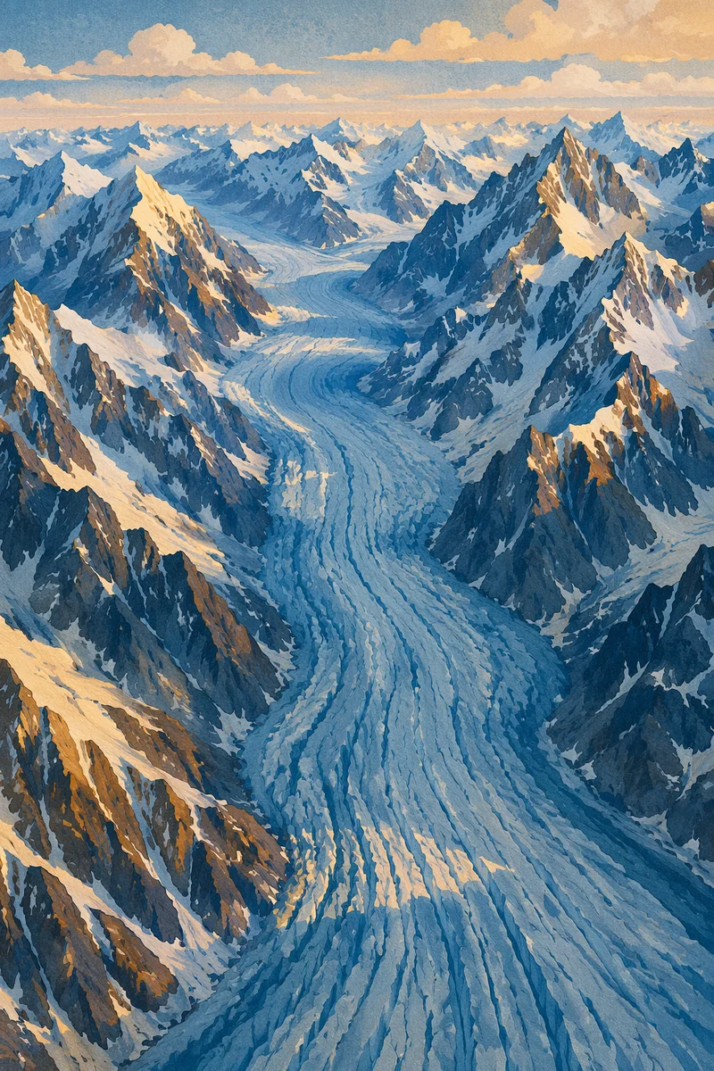 Remote Blue Glacier Through Polar Mountains
