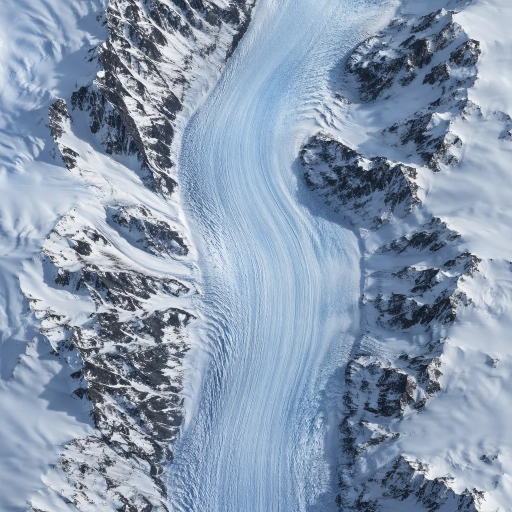 Remote Glacier Winding Through Snowy Mountains