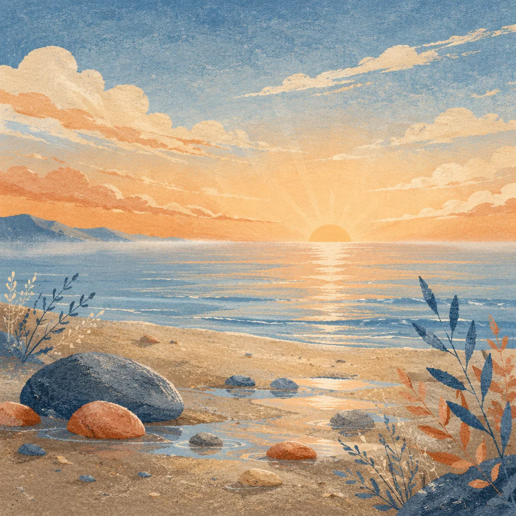Golden Sunrise Over Calm Ocean Shore