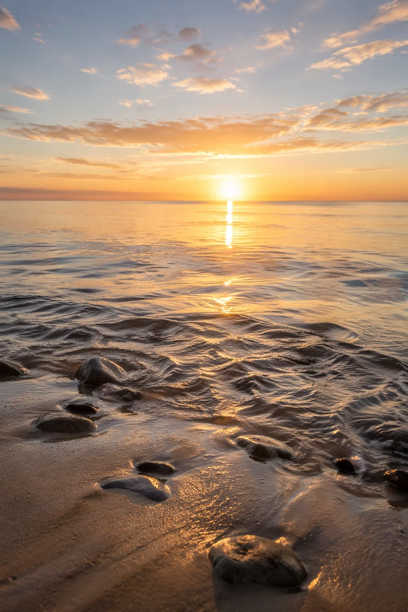 Golden Sunrise Over Calm Ocean Horizon