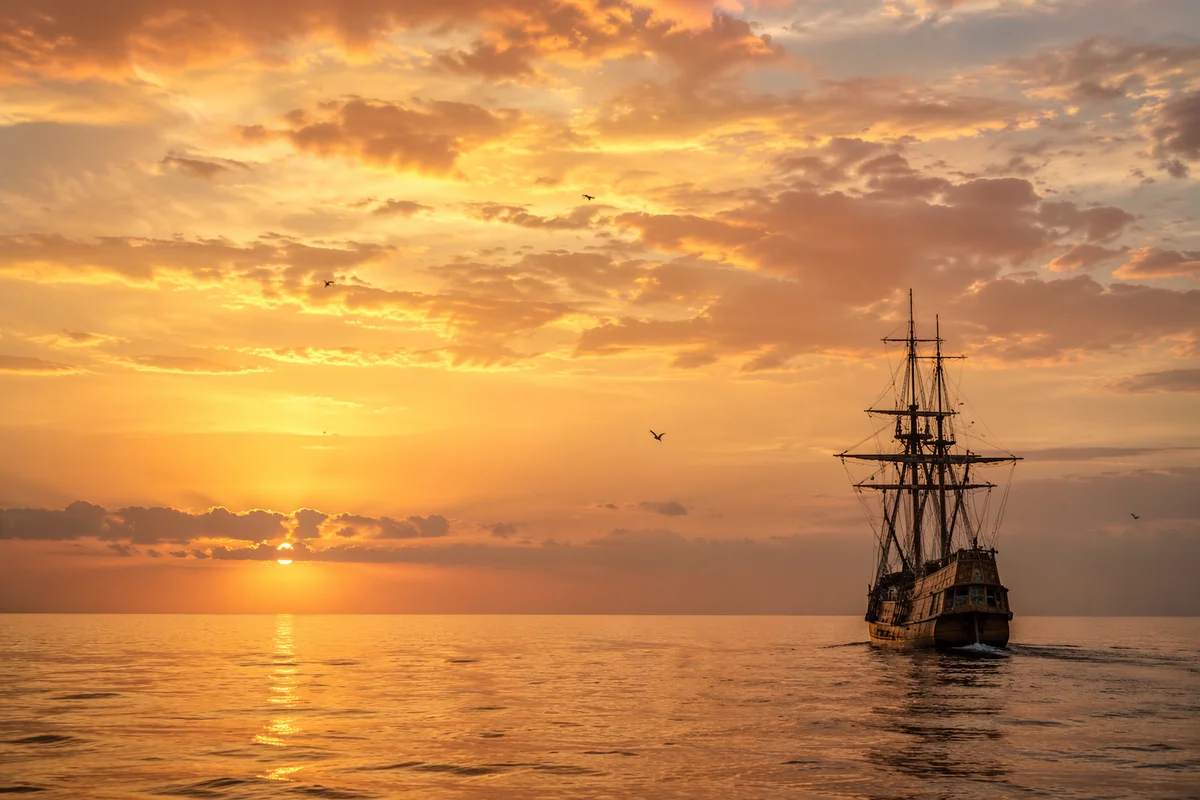 Golden Sunrise Tall Ship Ocean Horizon