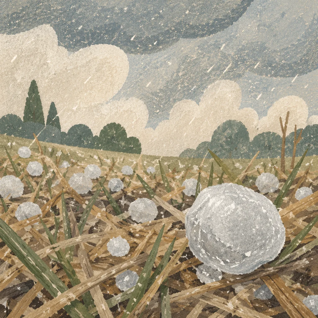 Hail Stones on Storm-Damaged Grass