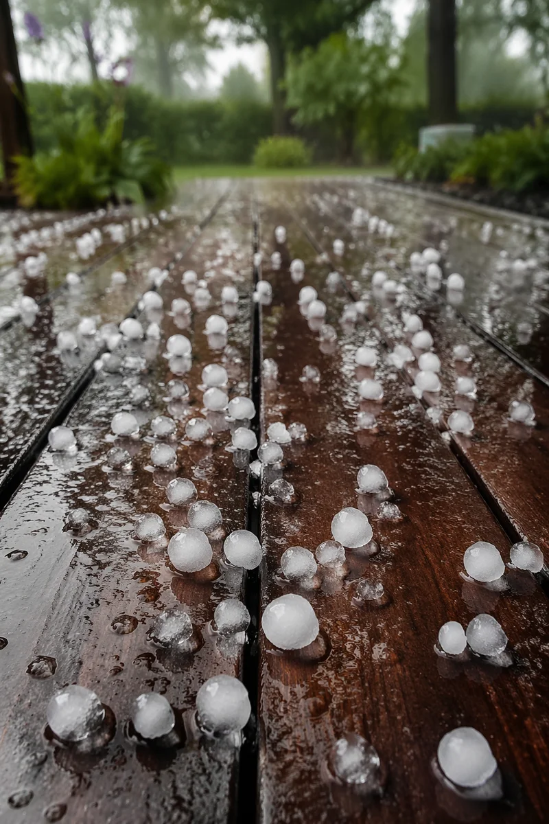 Fresh Hailstones on Rain-Soaked Wooden Planks