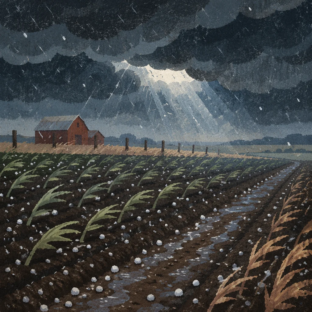 Hailstorm Over Rural Farmland at Dusk