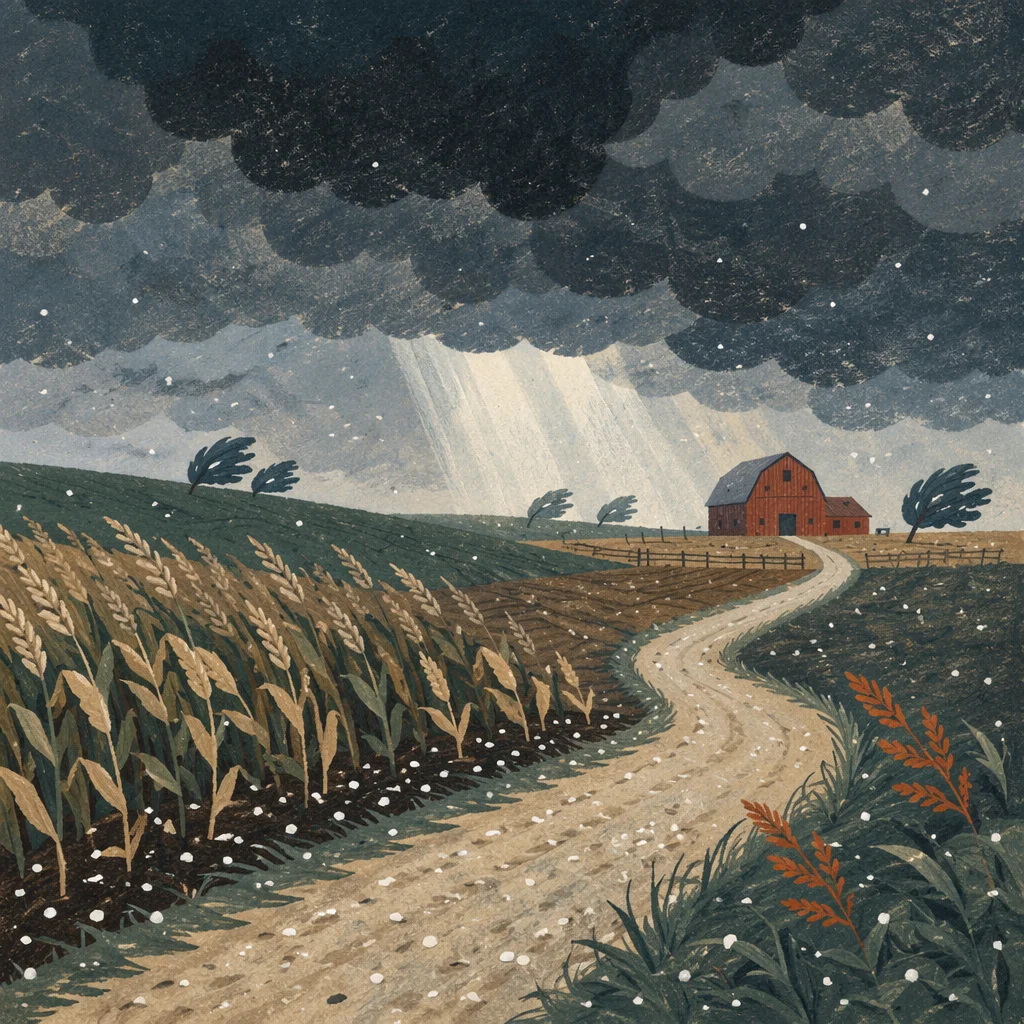 Hailstorm Over Rural Farmland Dark Clouds