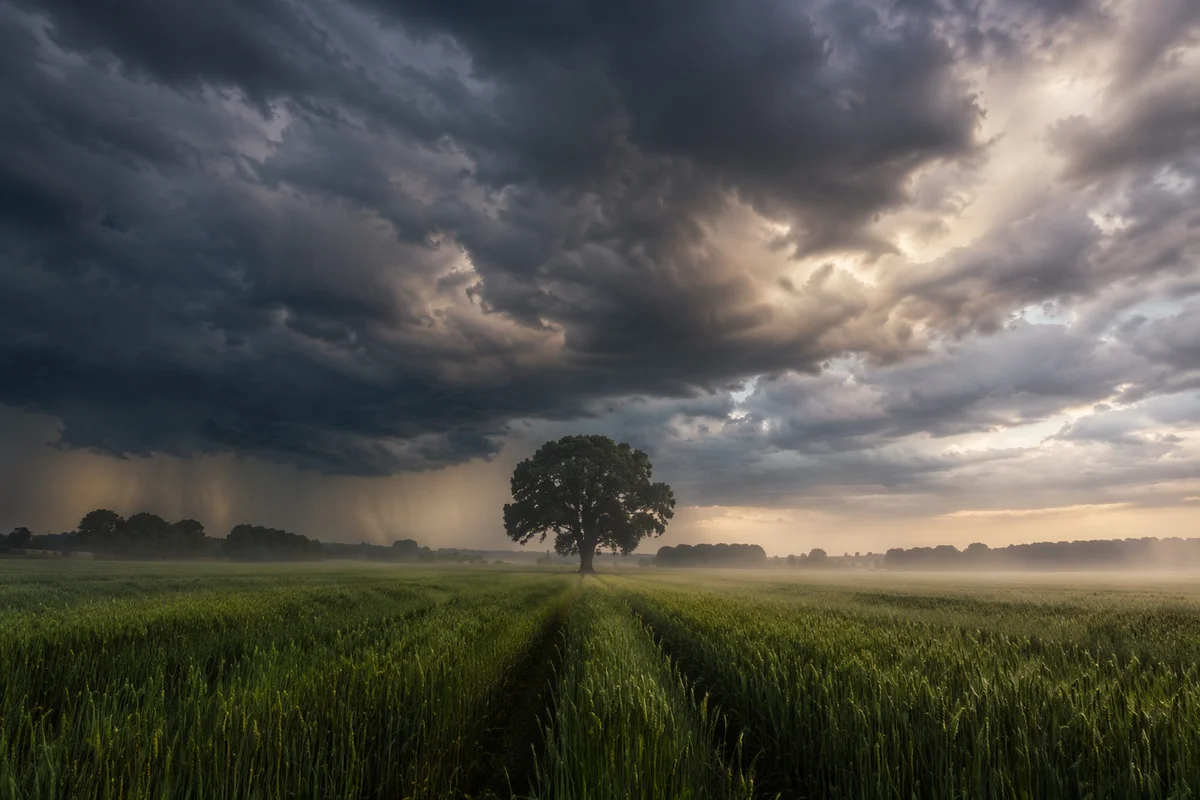 Rural Farmland Beneath Approaching Hailstorm Clouds