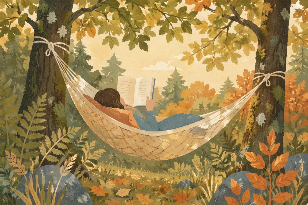 Peaceful Forest Hammock Reading Scene