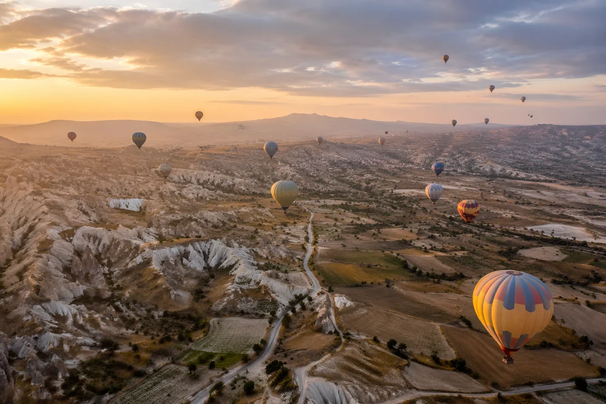 Colorful Balloons Over Valley Sunrise