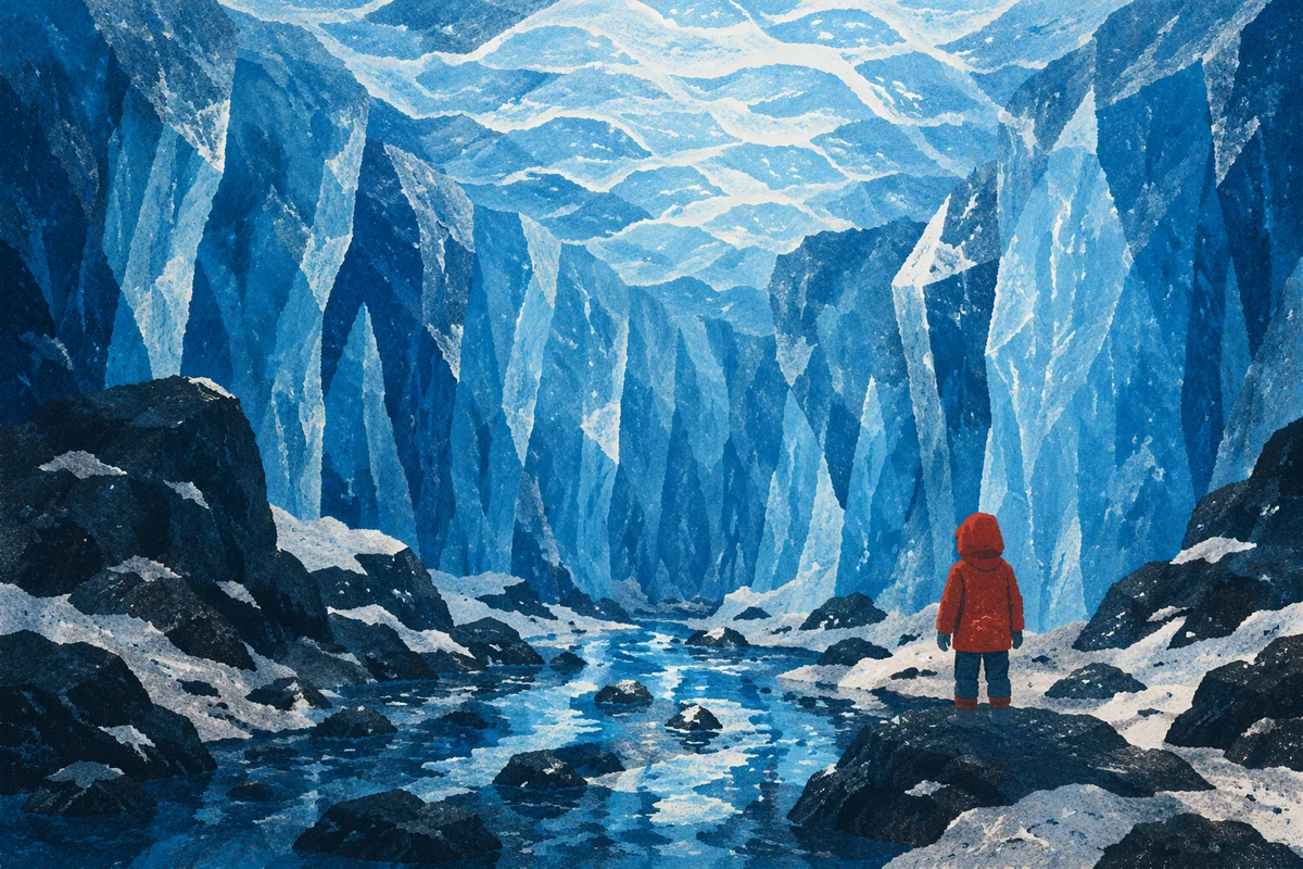 Blue Crystal Ice Cave with Lone Explorer
