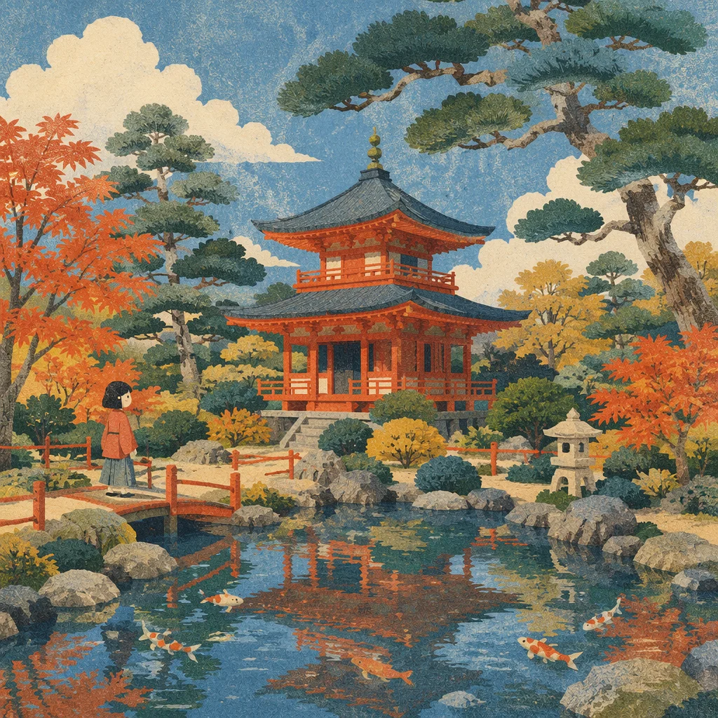 Serene Japanese Garden Pond in Autumn