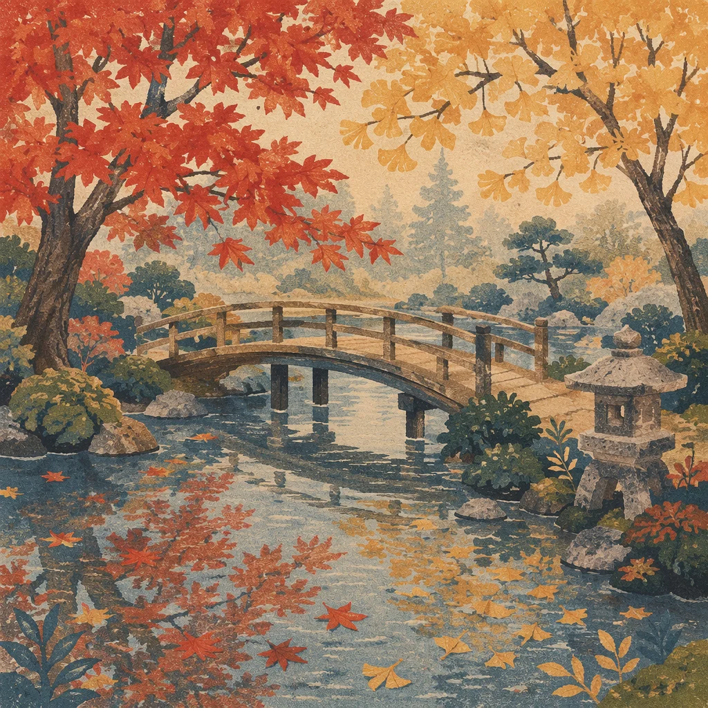 Autumn Japanese Garden Pond with Arched Bridge