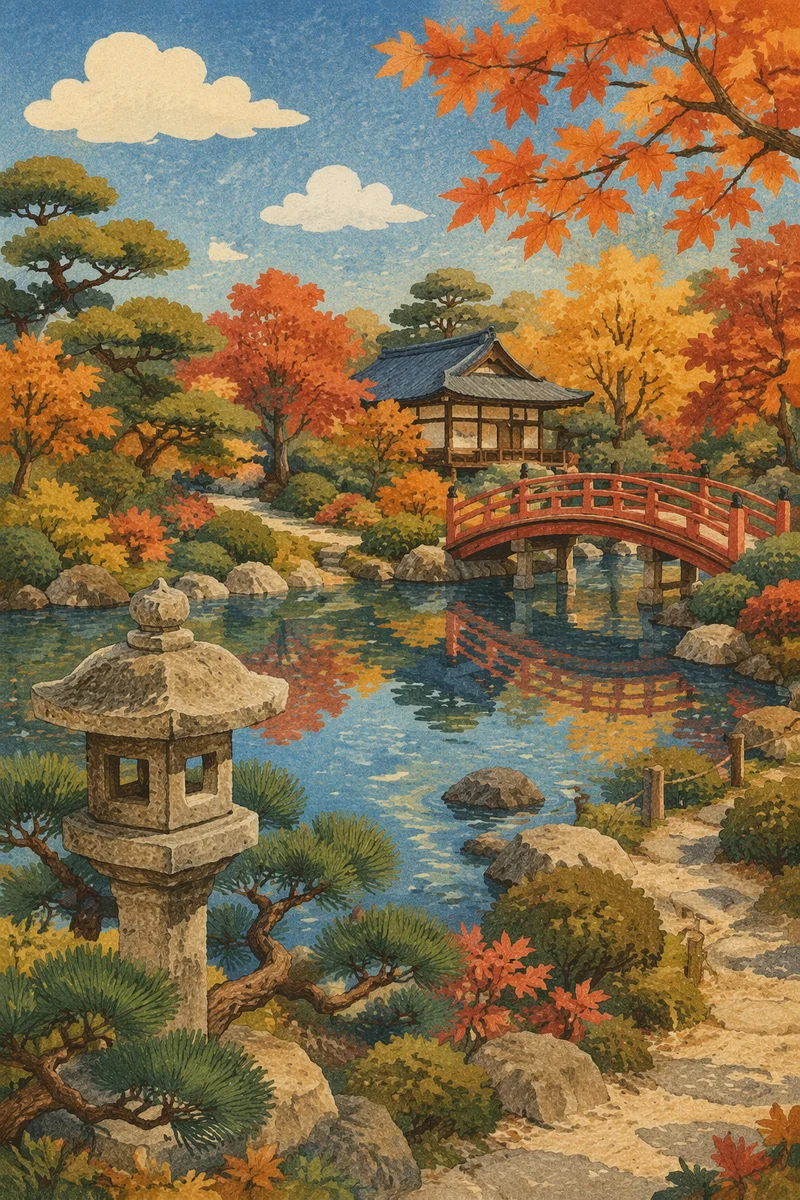 Autumn Japanese Garden Pond and Red Bridge