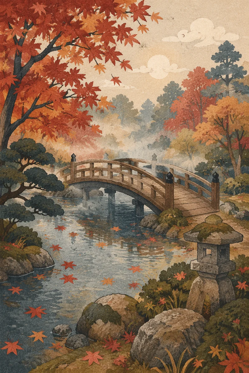 Autumn Japanese Garden Pond with Arched Bridge