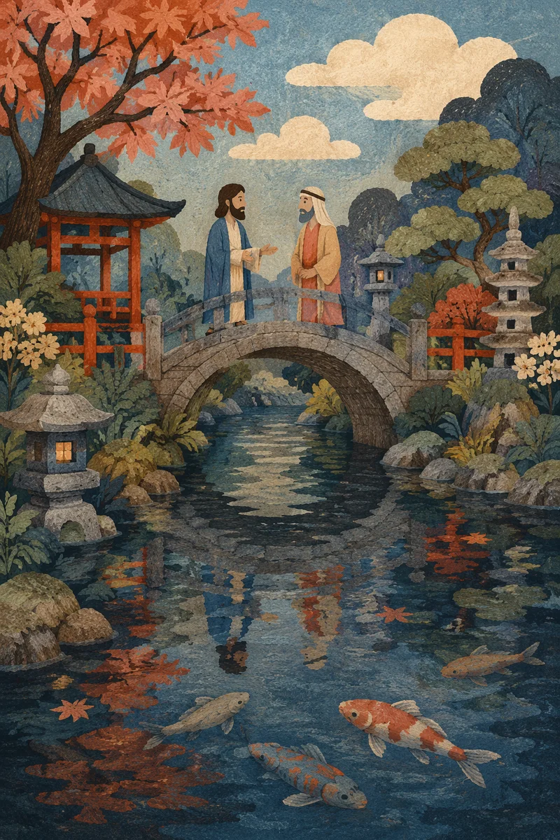 Japanese Garden Pond Bridge in Autumn