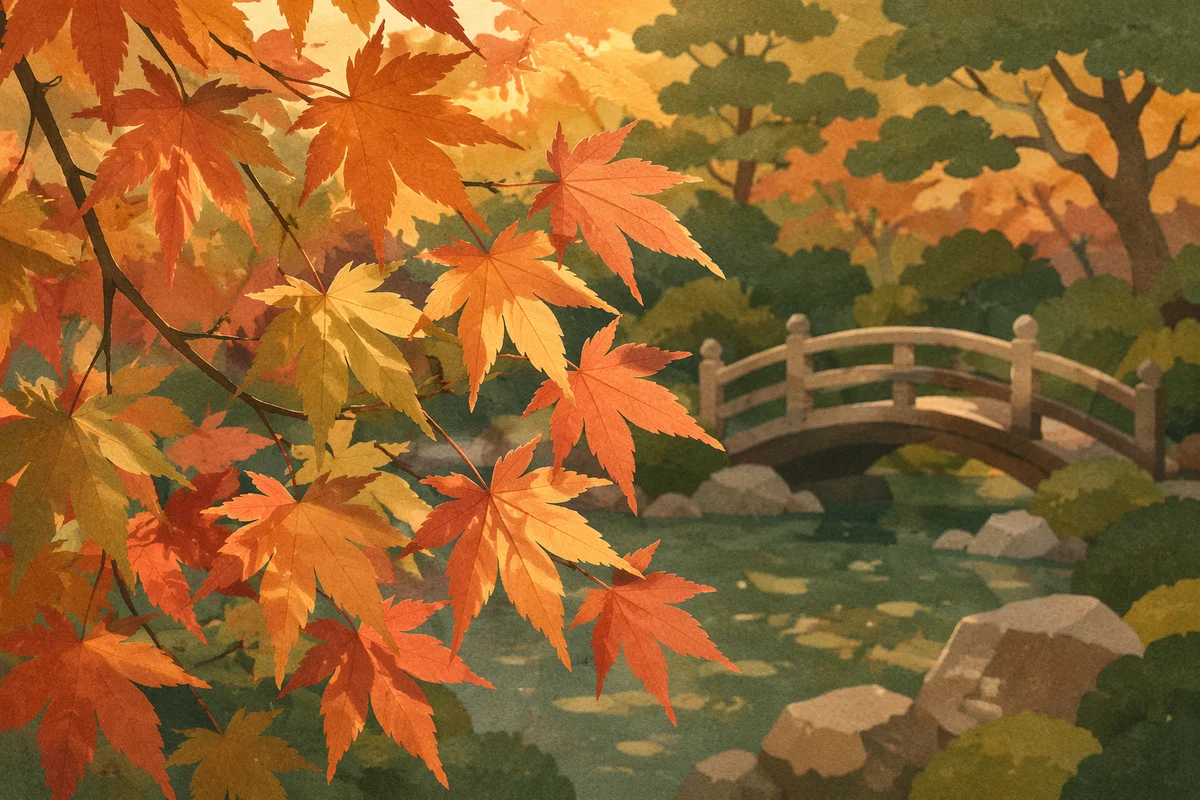 Autumn Japanese Maple Pond Bridge