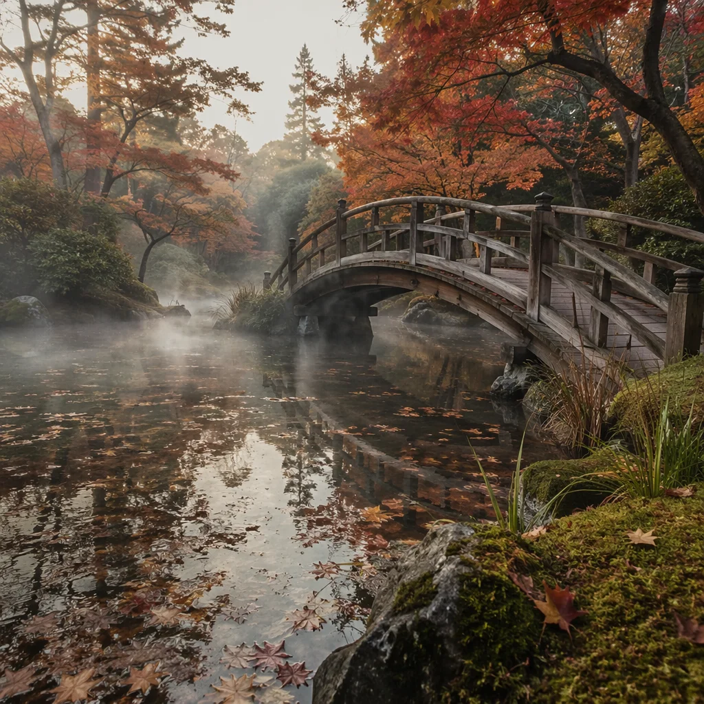 Serene Japanese Garden Pond in Autumn