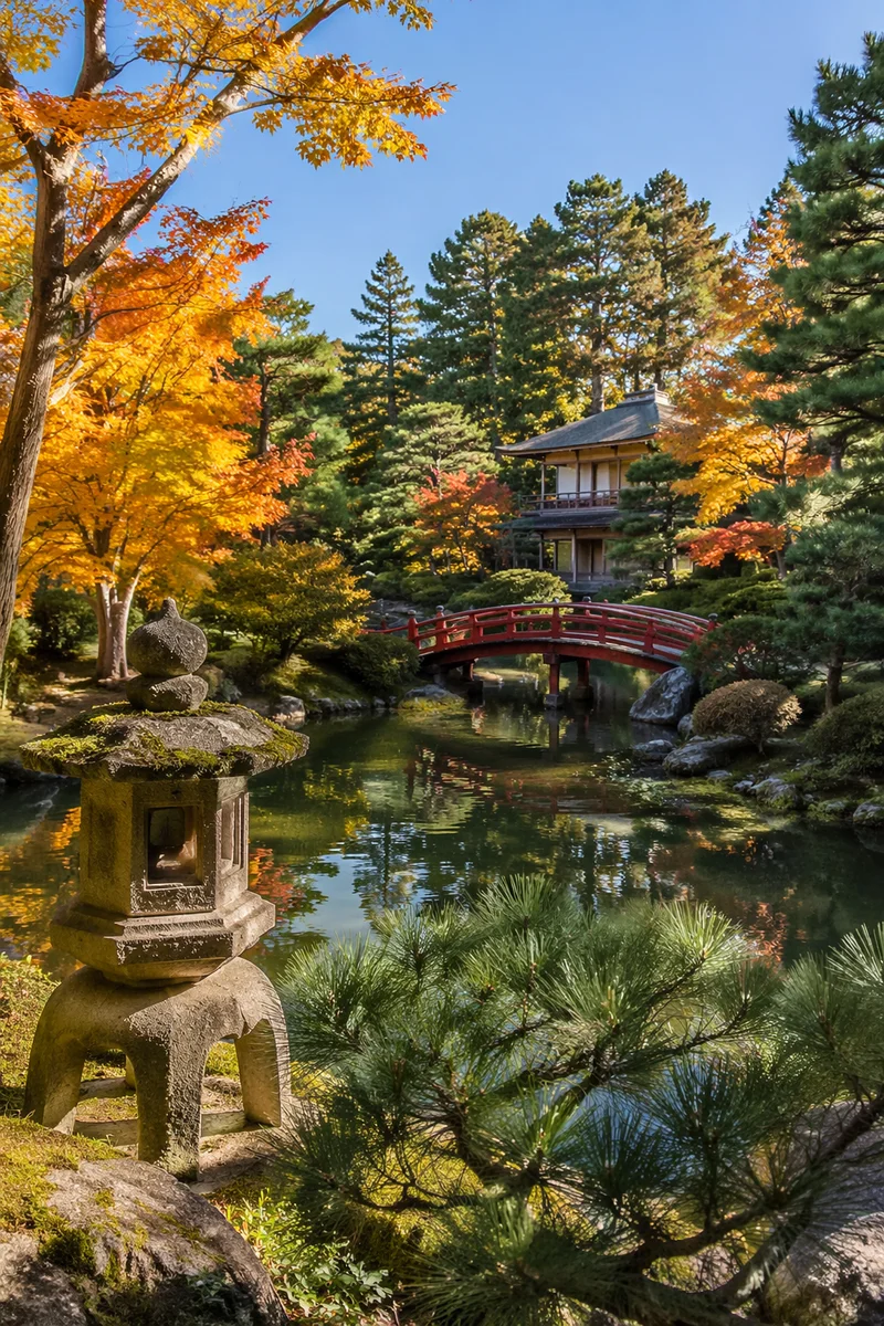 Autumn Japanese Garden Pond With Red Bridge