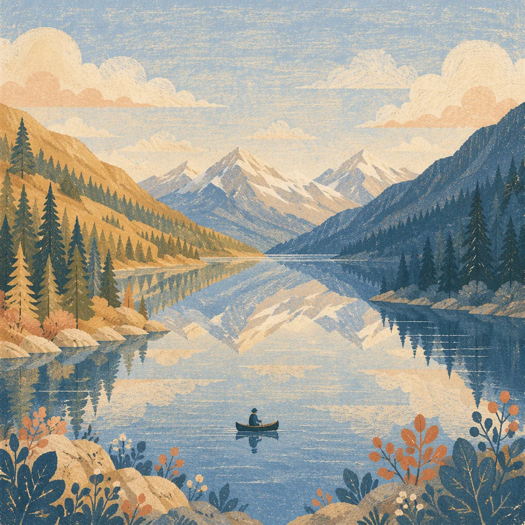 Peaceful Morning Canoe on Alpine Lake