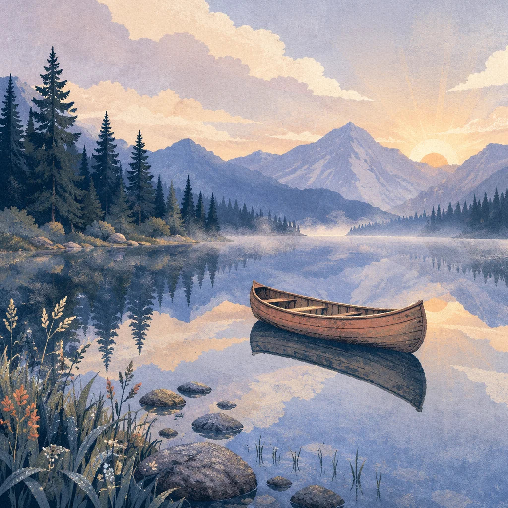 Peaceful Canoe on Alpine Morning Lake