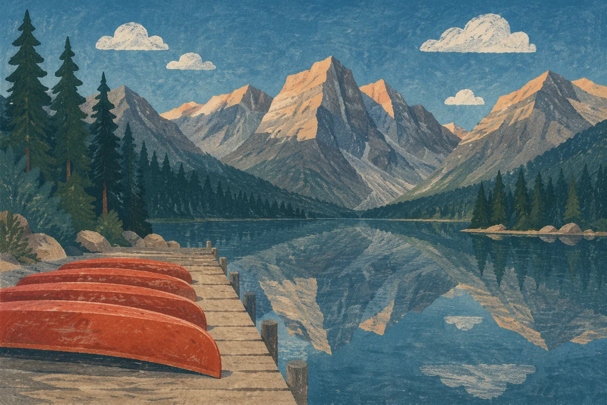 Peaceful Alpine Lake Canoes at Sunrise