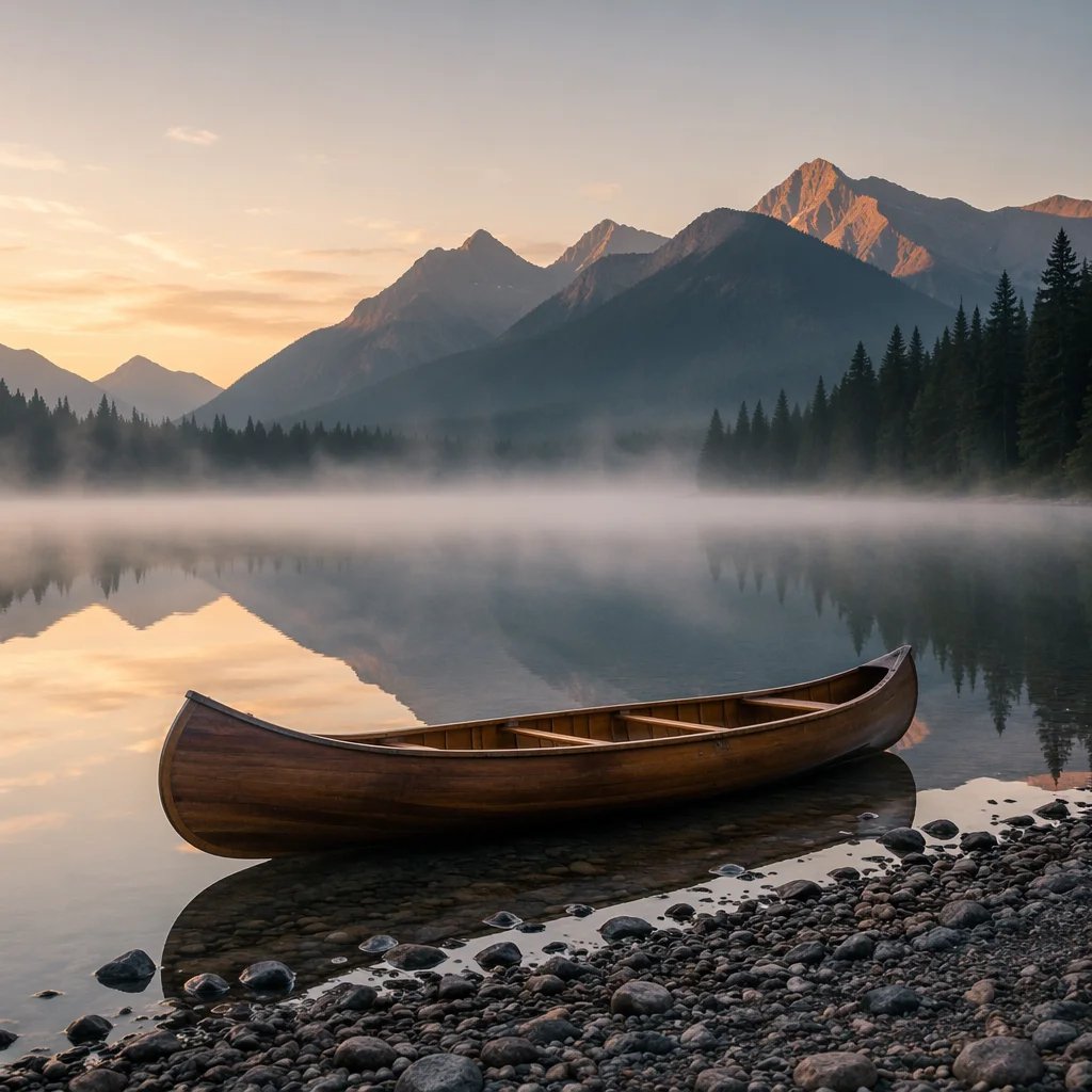 Peaceful Canoe on Alpine Lake at Dawn