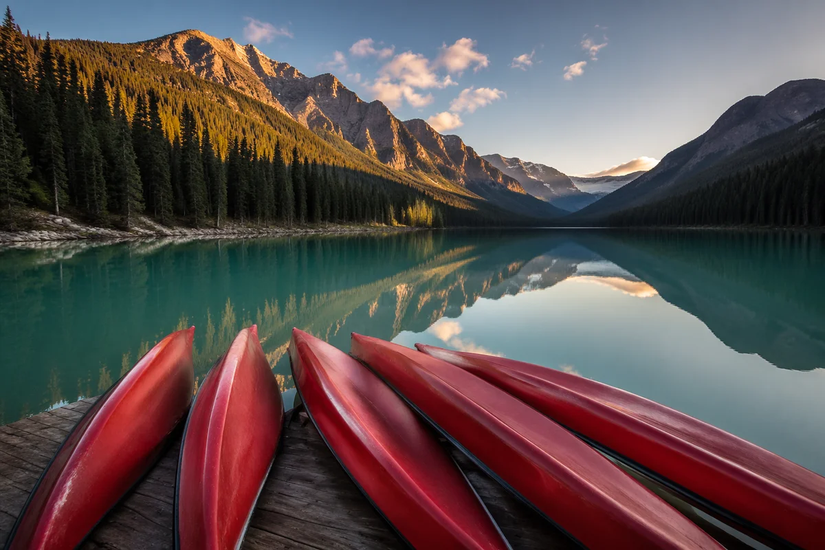 Peaceful Mountain Lake with Red Canoes