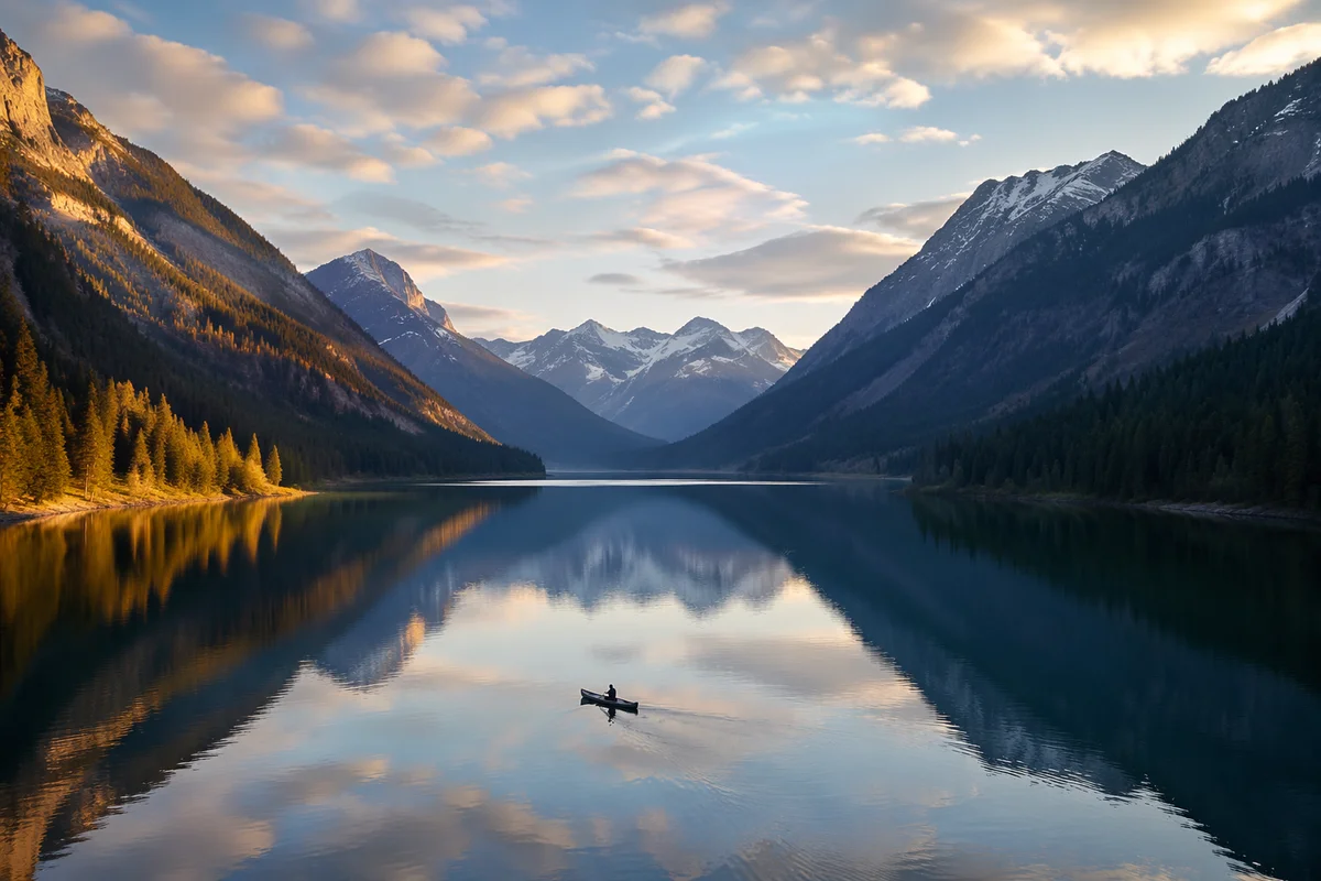 Peaceful Alpine Lake Canoe at Sunrise
