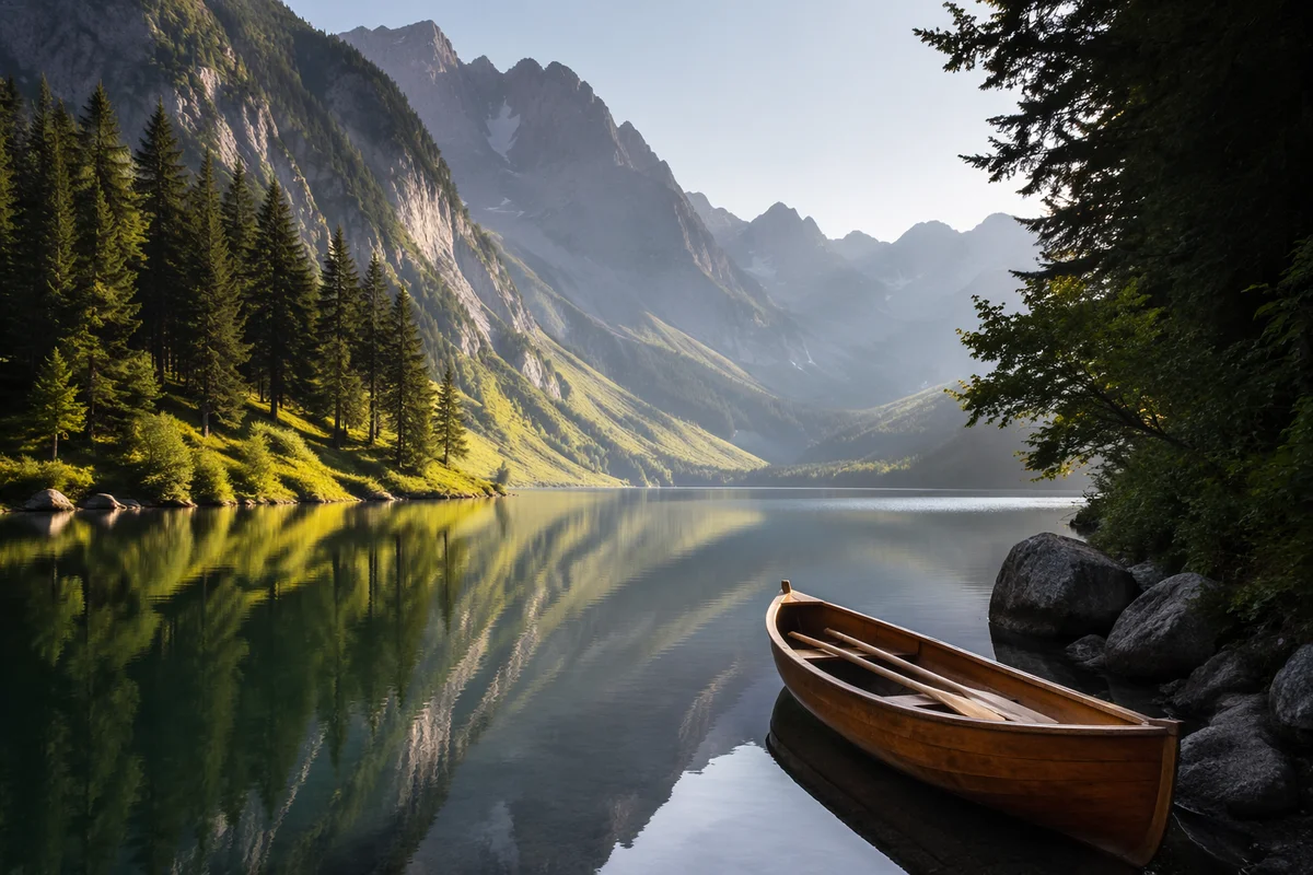 Peaceful Morning Canoe on Alpine Lake