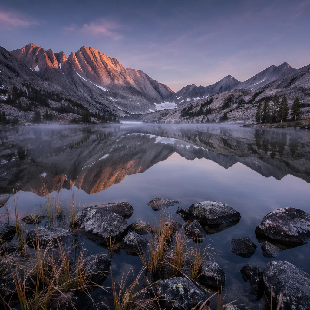 Serene Alpine Lake Reflection at Blue Hour