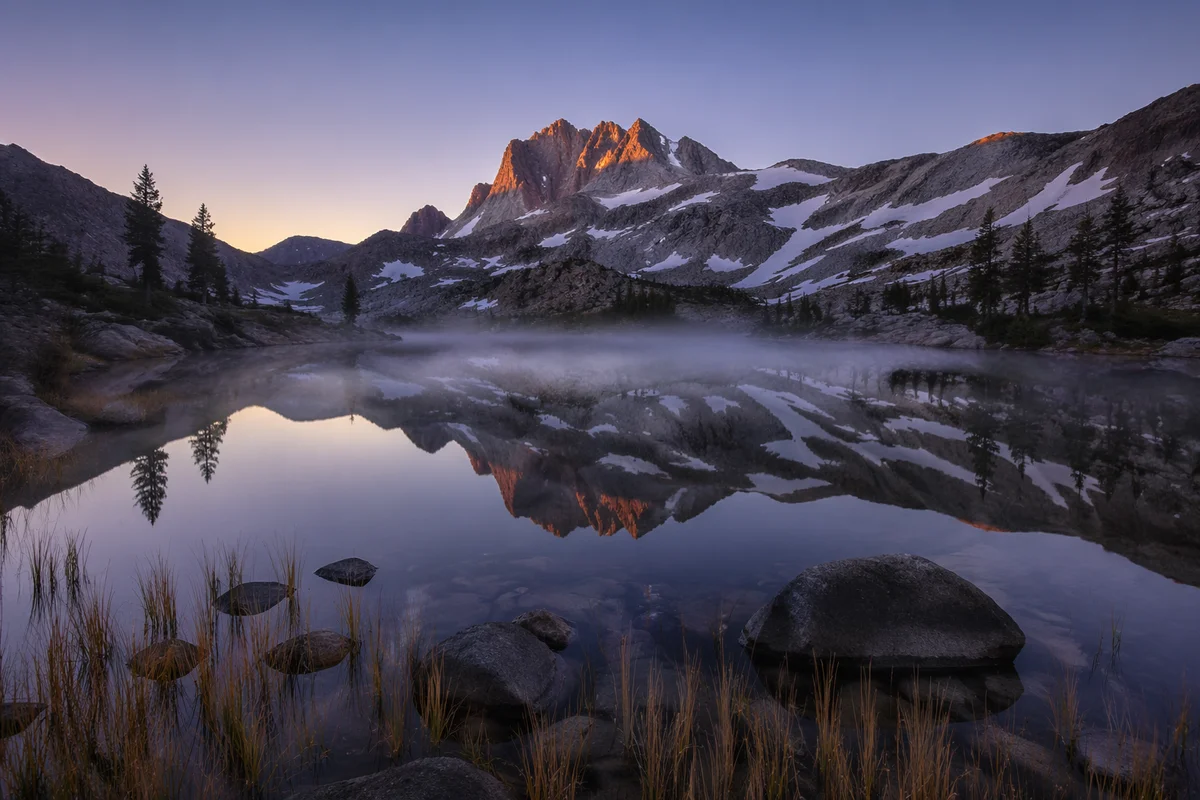 Serene Alpine Lake Reflection at Blue Hour