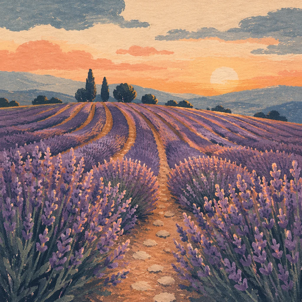 Lavender Field Rows at Sunset Horizon