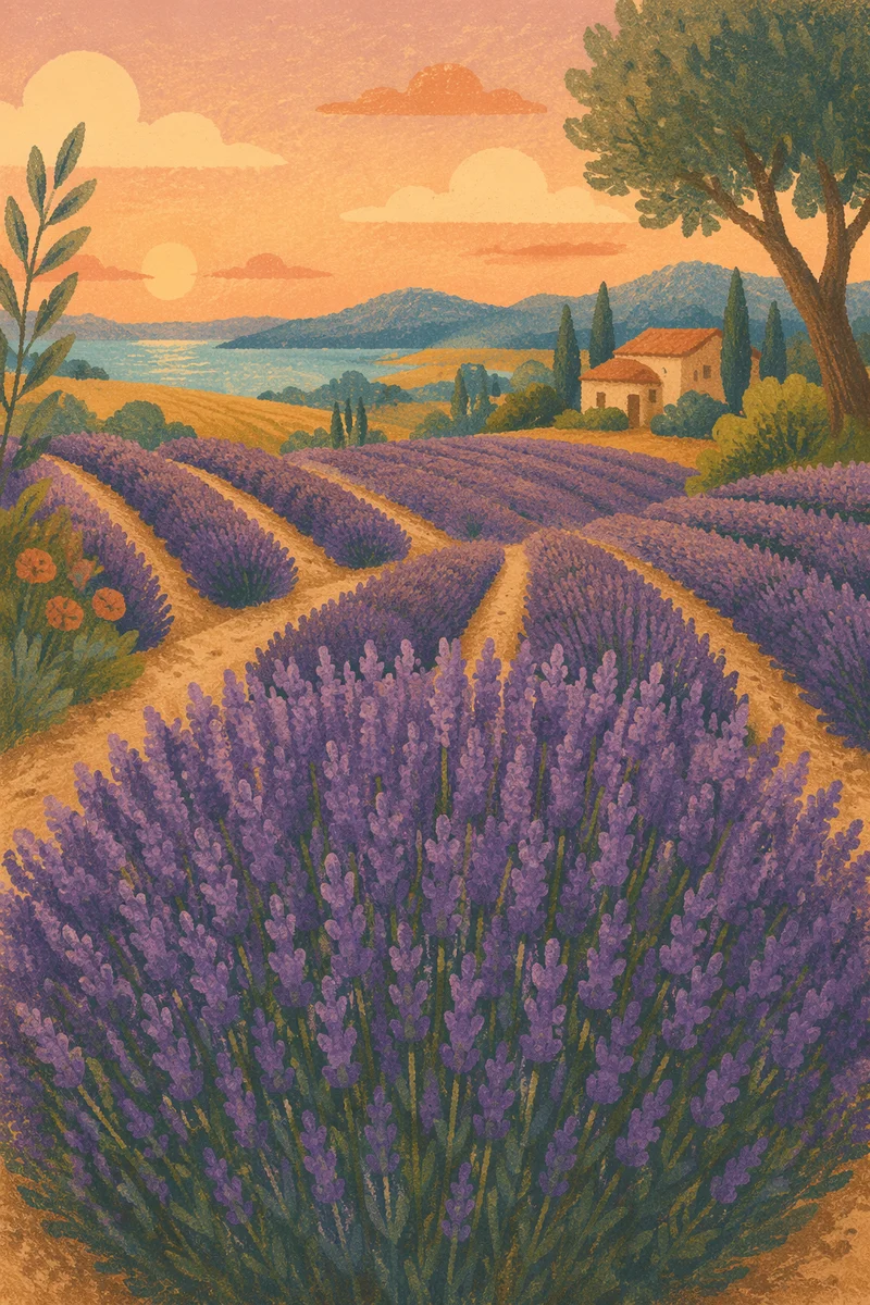 Lavender Field Rows at Provence Sunset