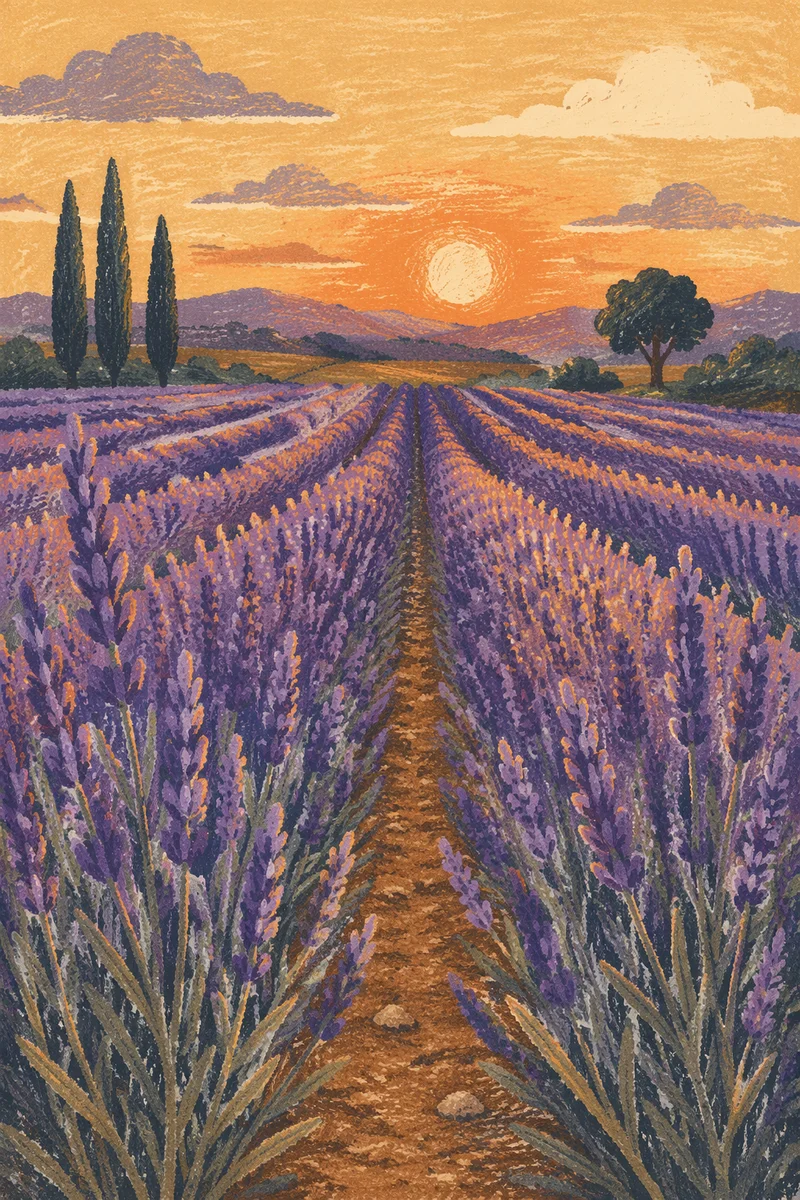 Lavender Field Rows at Golden Sunset