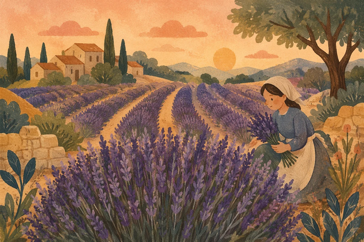 Lavender Field Rows at Mediterranean Sunset