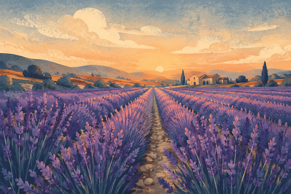Lavender Field Rows at Sunset