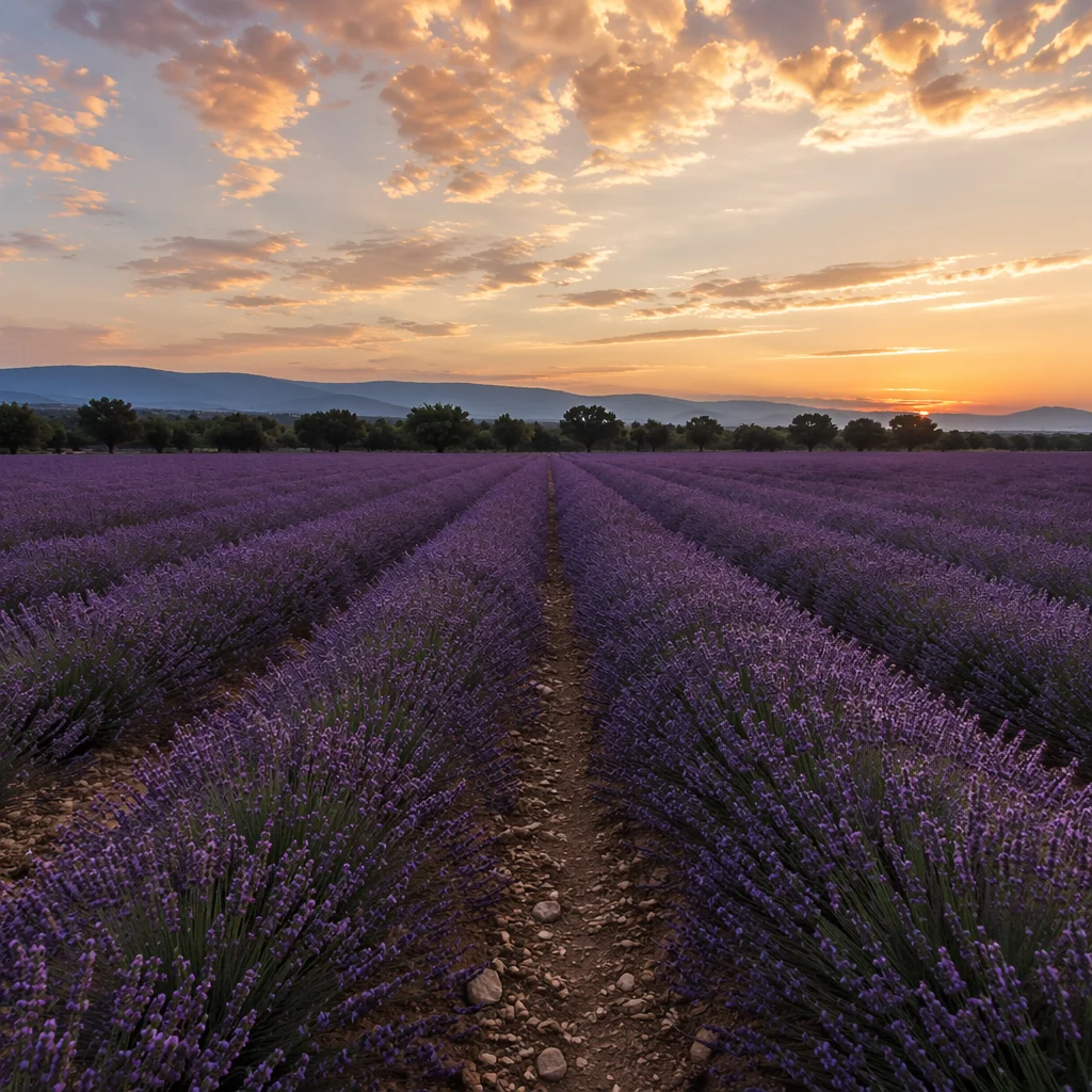 Lavender Field Rows at Golden Sunset