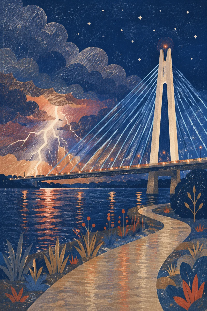 Lightning Storm Over Illuminated Night Bridge