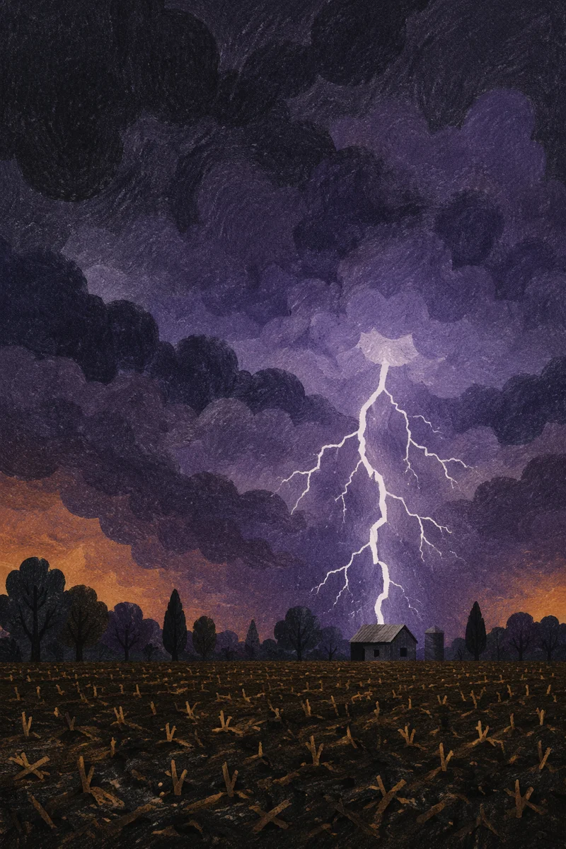 Dramatic Lightning Over Rural Night Field