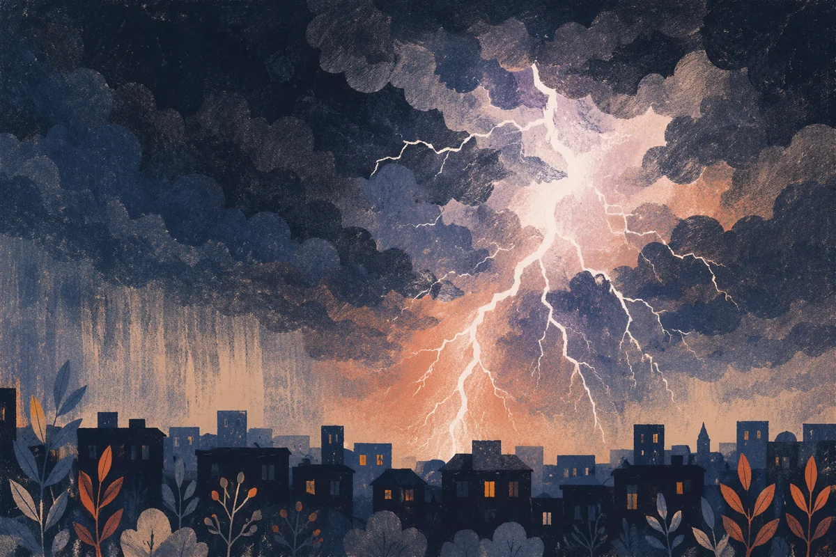 Dramatic Night Thunderstorm Over City Edge