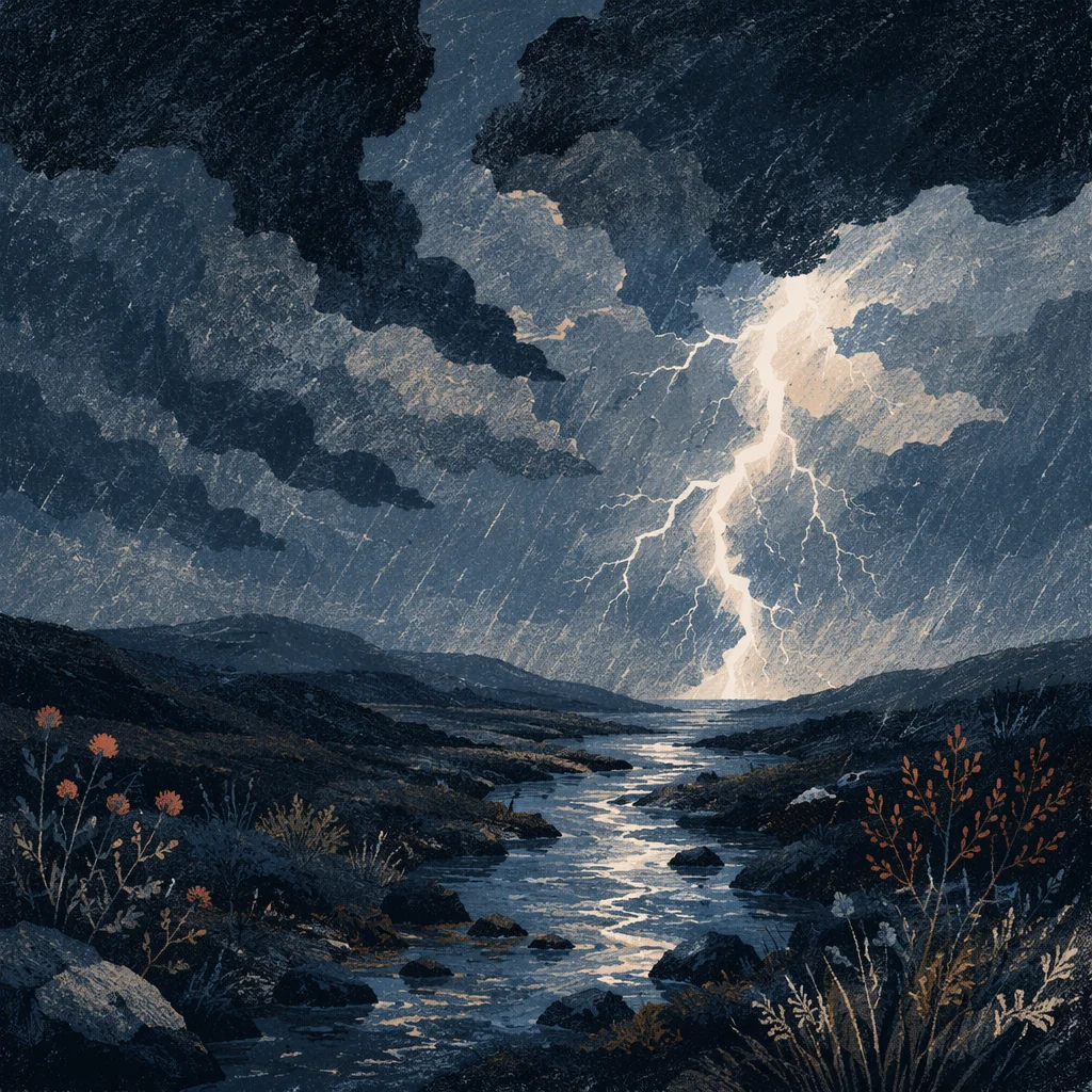 Lightning Strike Over Dark Moorland Sky