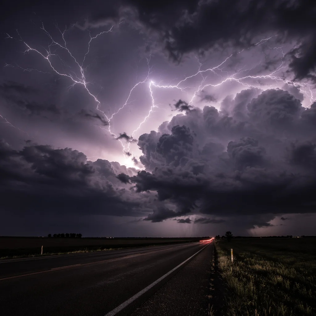 Dramatic Lightning Storm Over Rural Highway