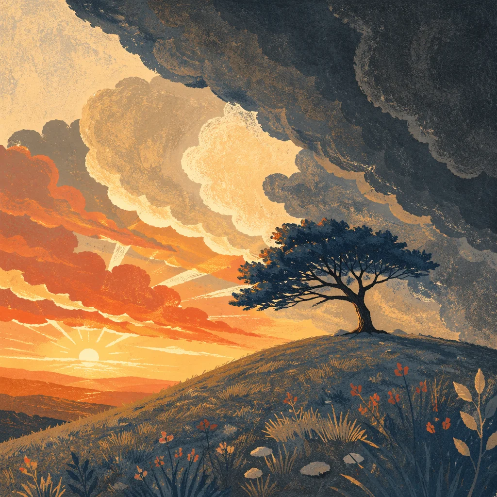 Solitary Hilltop Tree Under Stormy Sunset
