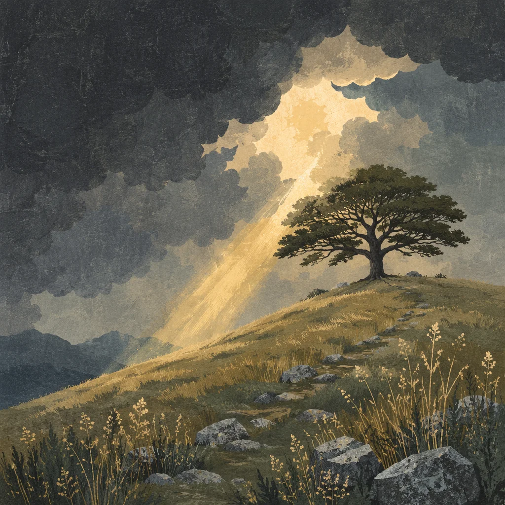 Lone Oak on Hill Under Storm Sky