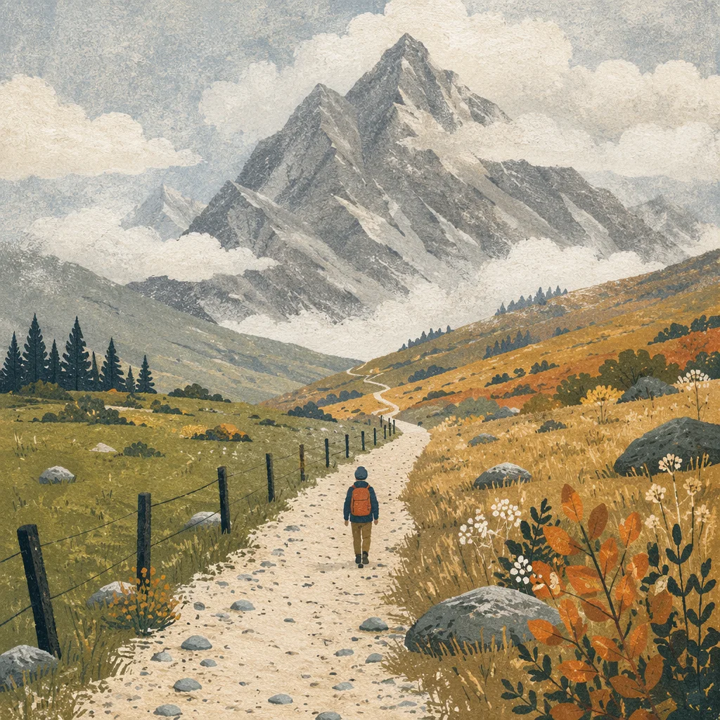 Meadow Path Toward Misty Alpine Mountains