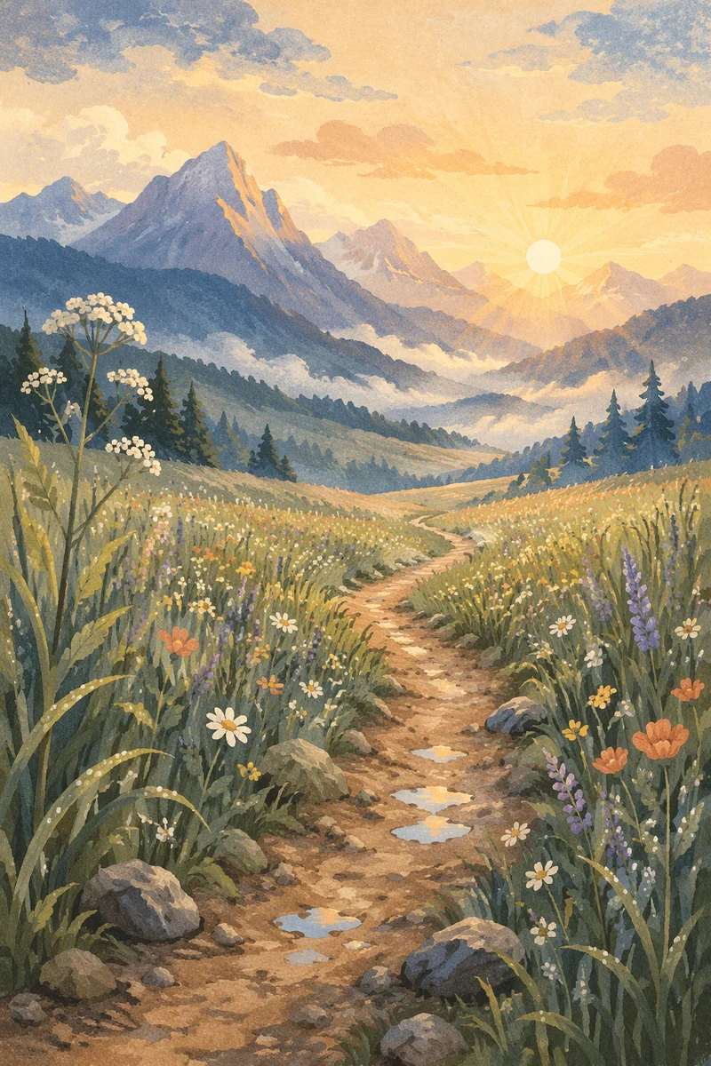Meadow Path to Misty Sunrise Mountains