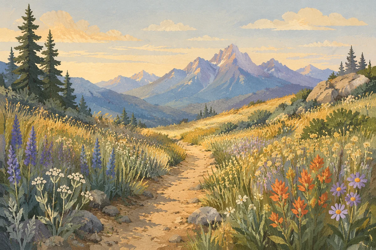 Meadow Path Toward Distant Blue Mountains