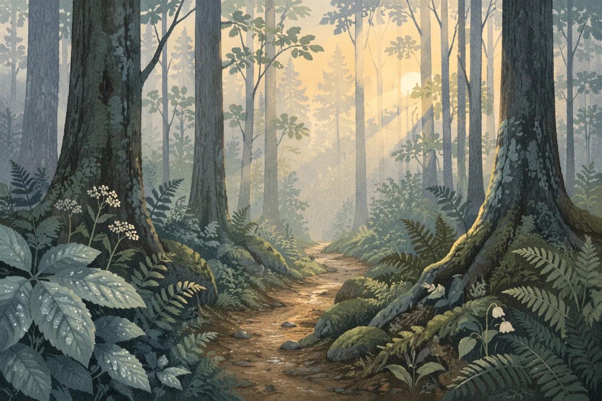 Misty Forest Dawn With Gentle Light Rays
