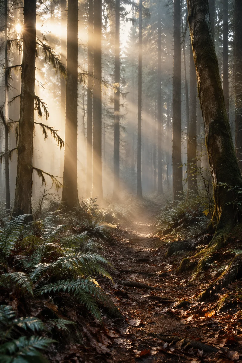 Misty Forest Morning Light Through Trees