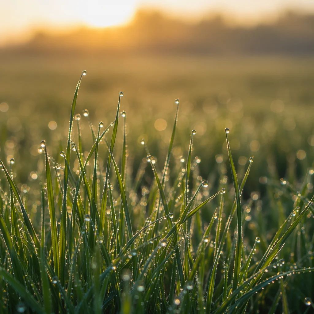 Morning Dew on Spring Grass at Sunrise