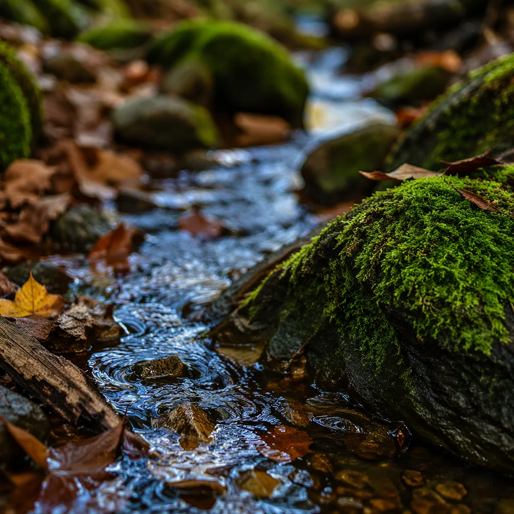 Mossy Forest Stream Close-Up Reflection